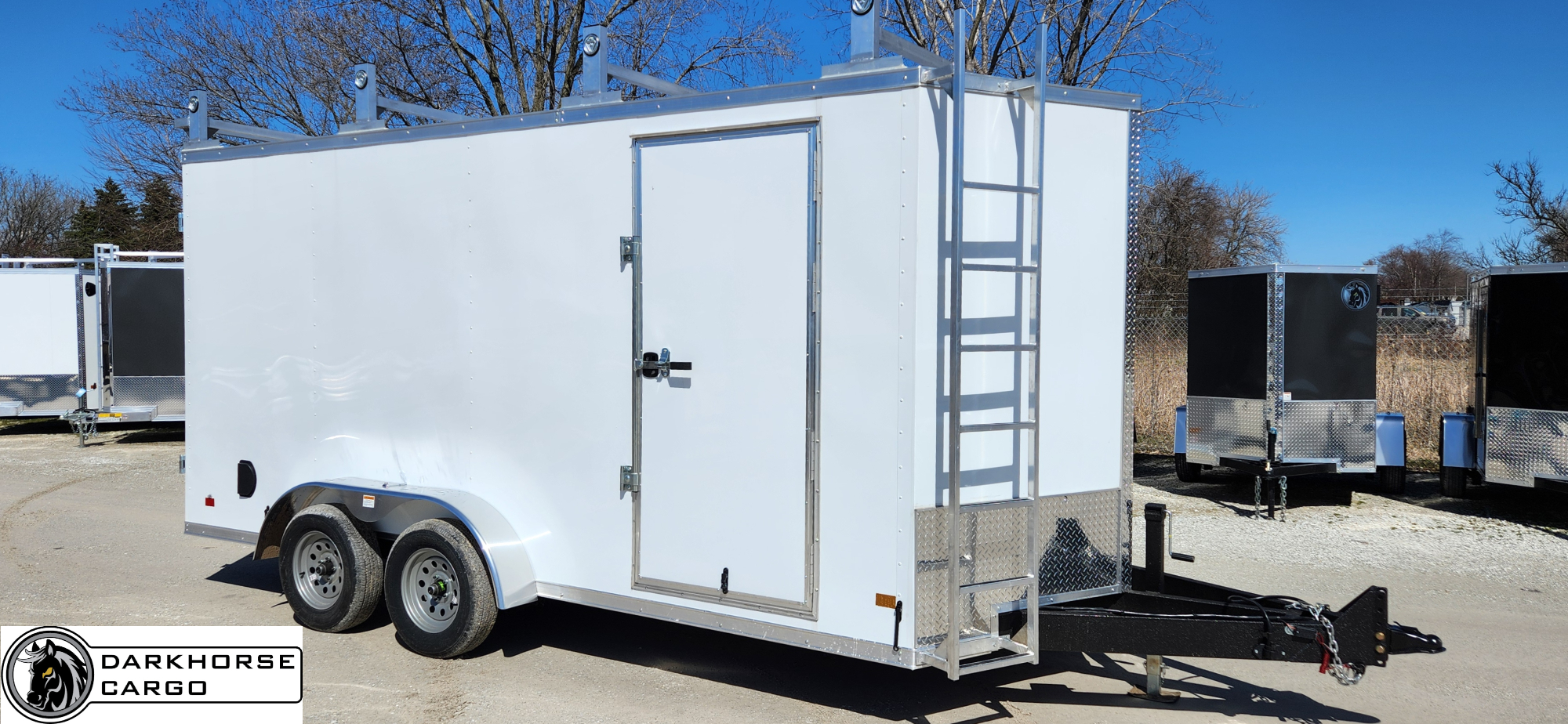 DarkHorse 7X16 Wedge Nose Tandem Axle Steel Contractor Cargo Trailer with Double Rear Doors, 12" Extra Height - 2500 Series - White